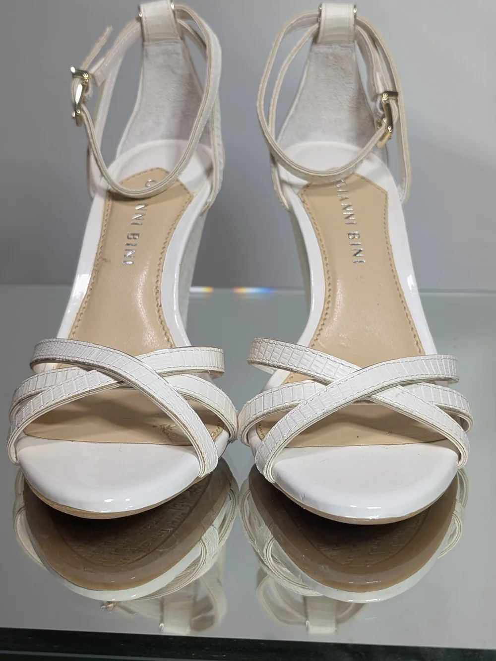 Gianni Bini Women's Size 6.5, White Strappy Ankle Strap Heels